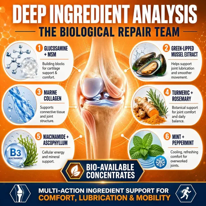 Deep ingredient analysis — glucosamine, green-lipped mussel, marine collagen, turmeric, niacinamide, mint