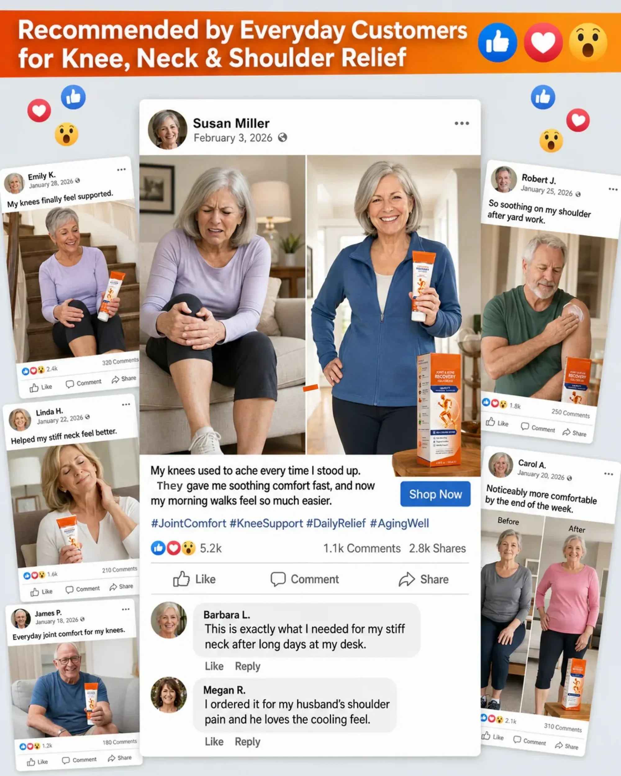 Social posts from everyday customers recommending the gel-cream for knee, neck and shoulder comfort